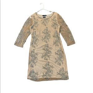 Pizarro Nights Long Sleeve Silver and Beige Beaded Dress